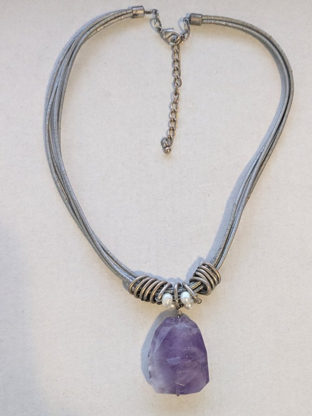 Faceted Amethyst Gemstone Corded Genuine Pearl Metal Accents Necklace